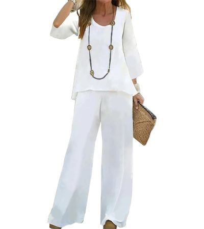 女U领8分袖长裤套装LTW20515X - 竹节麻-120g/S