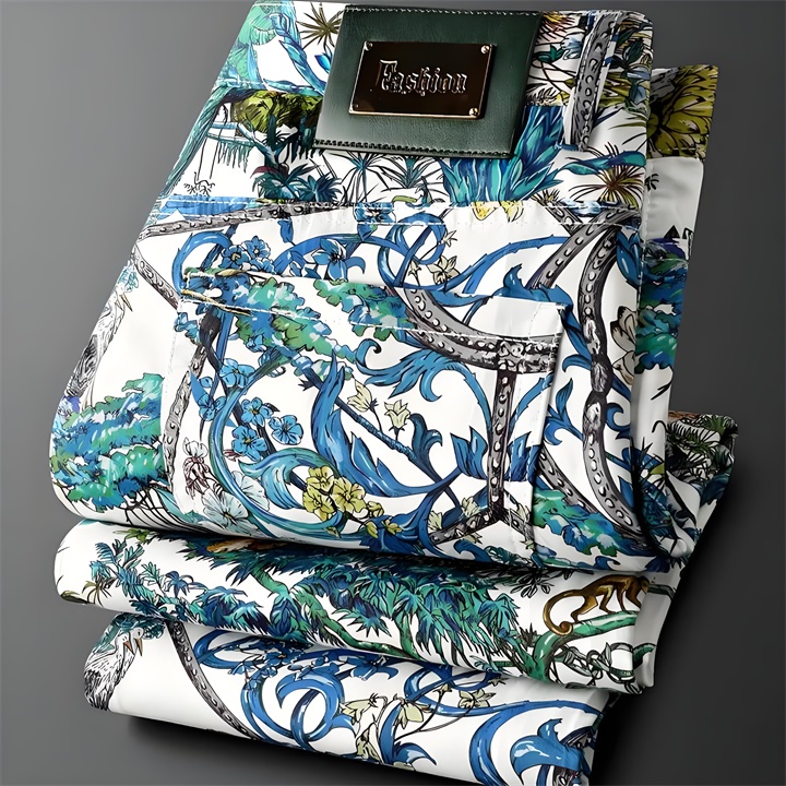 全幅印花特色牛仔裤